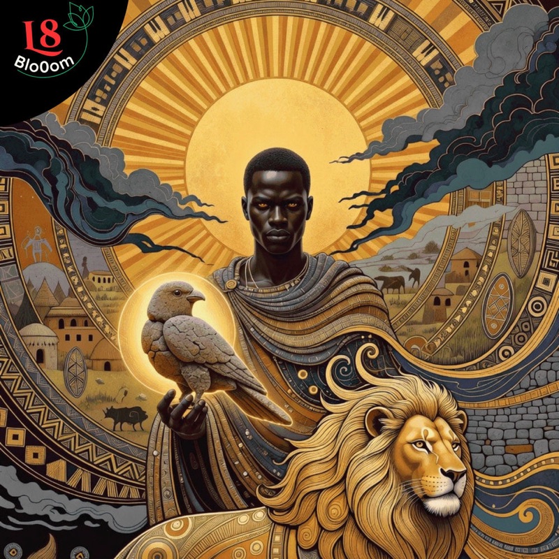 Unlocking the Son — album cover: a figure holding the Great Zimbabwe soapstone bird, a lion at his side, the sun rising behind
